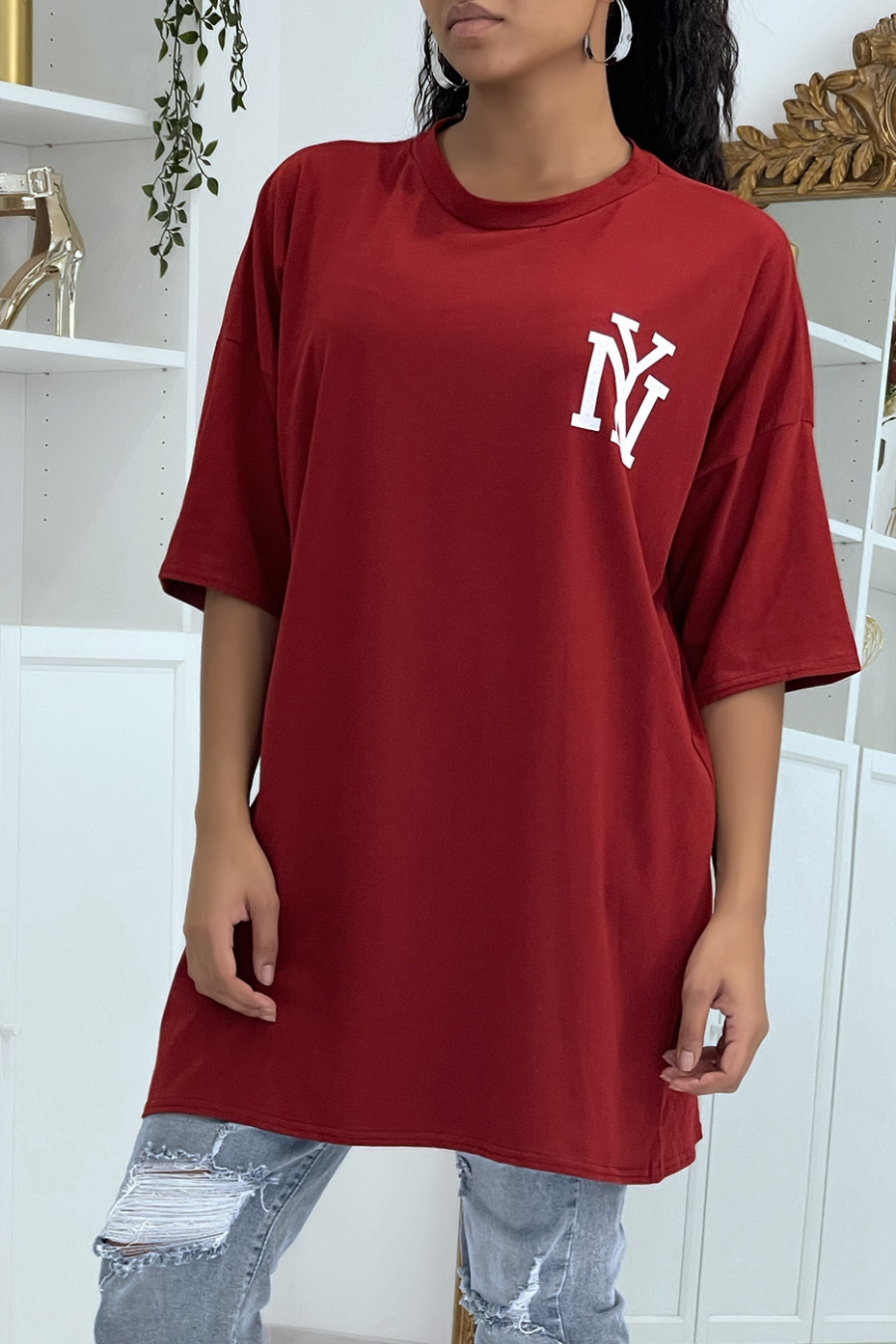 Oversized bordeauxrood NY t-shirt - 1