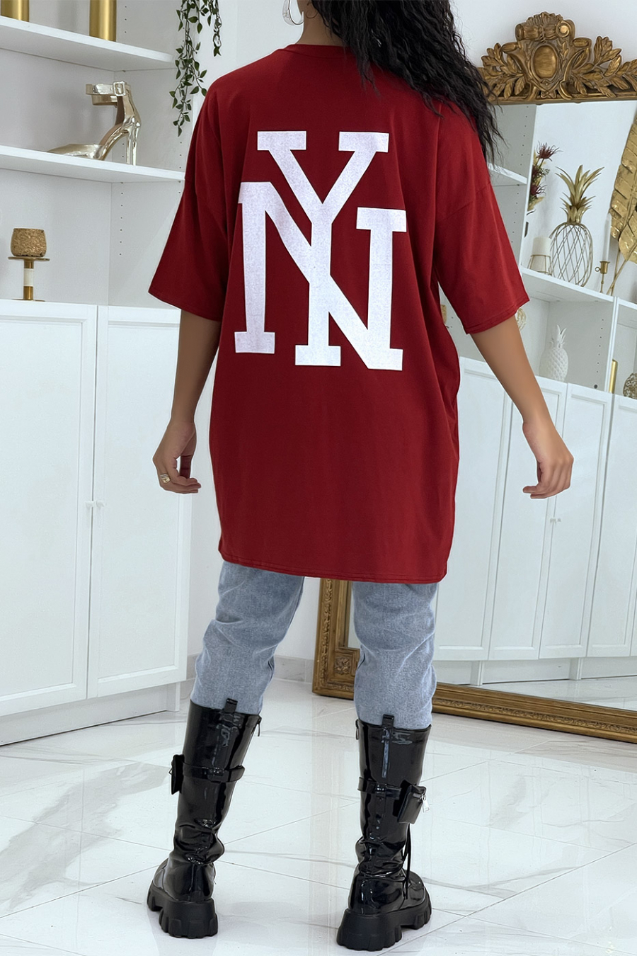 Oversized bordeauxrood NY t-shirt - 4
