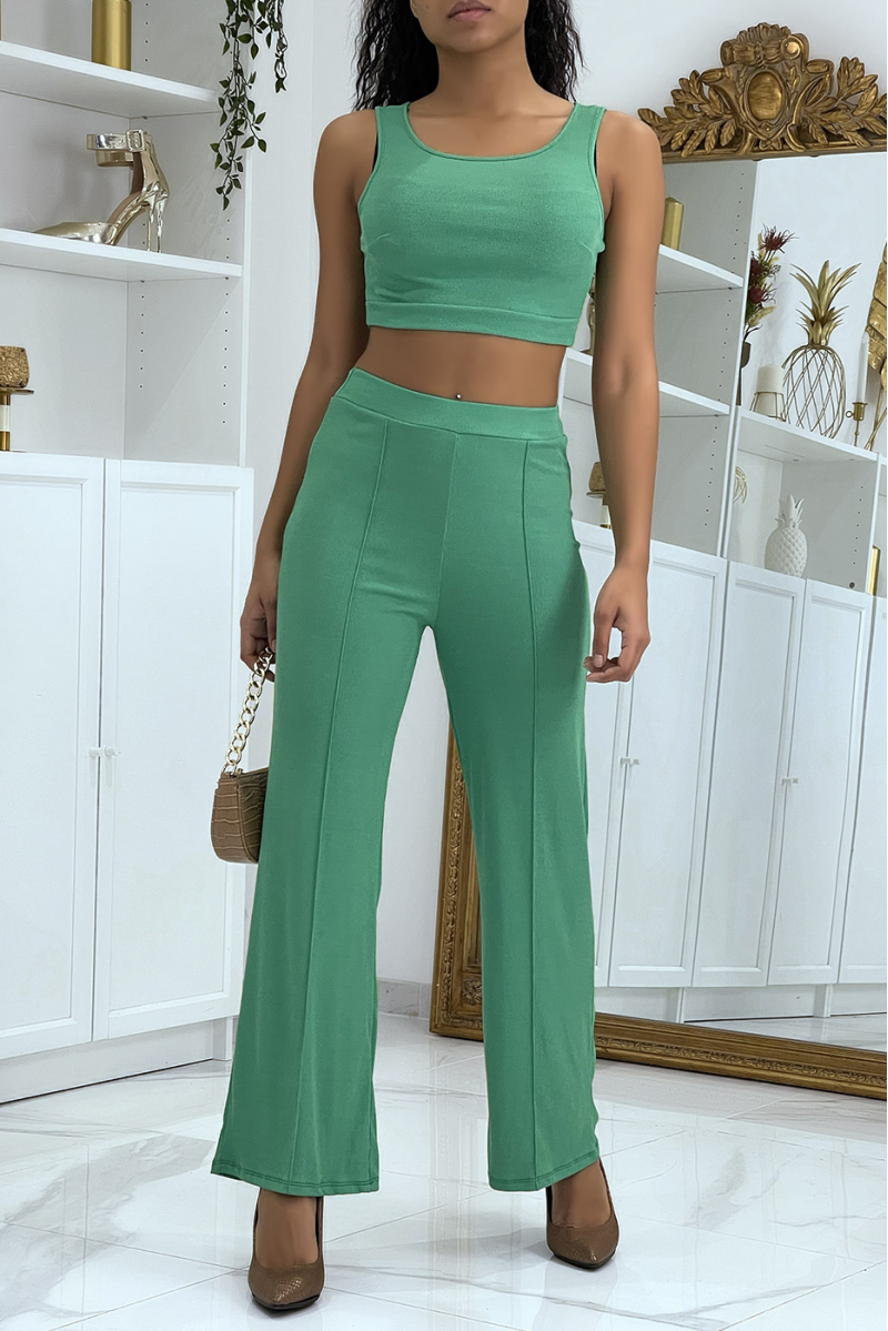 Green bell bottom crop top and pants set - 2