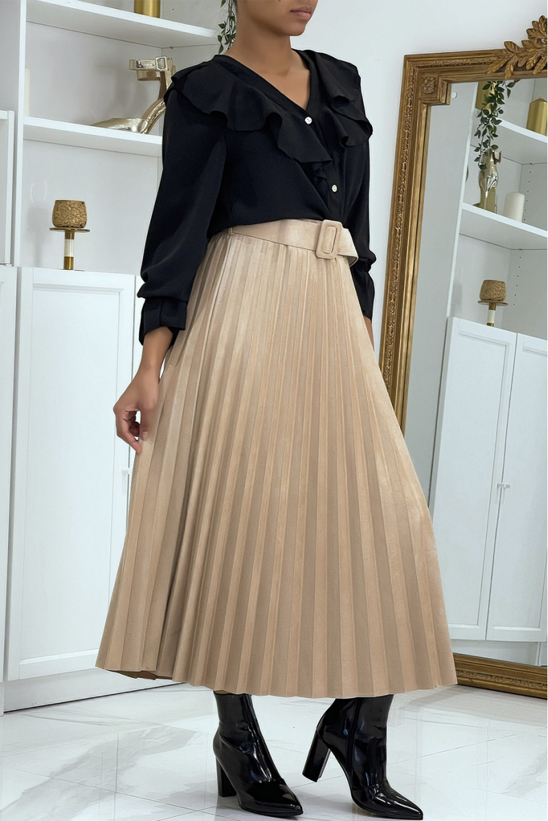 Long beige velvet effect pleated skater skirt with belt at the waist - 2