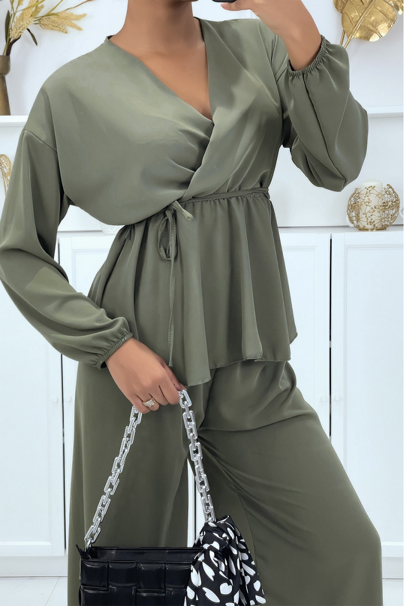 Ensemble kaki haut croisé et pantalon palazzo - 2