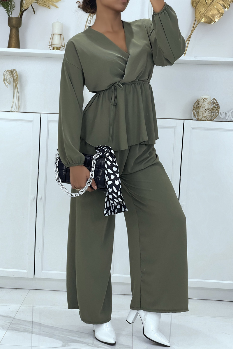 Ensemble kaki haut croisé et pantalon palazzo - 3