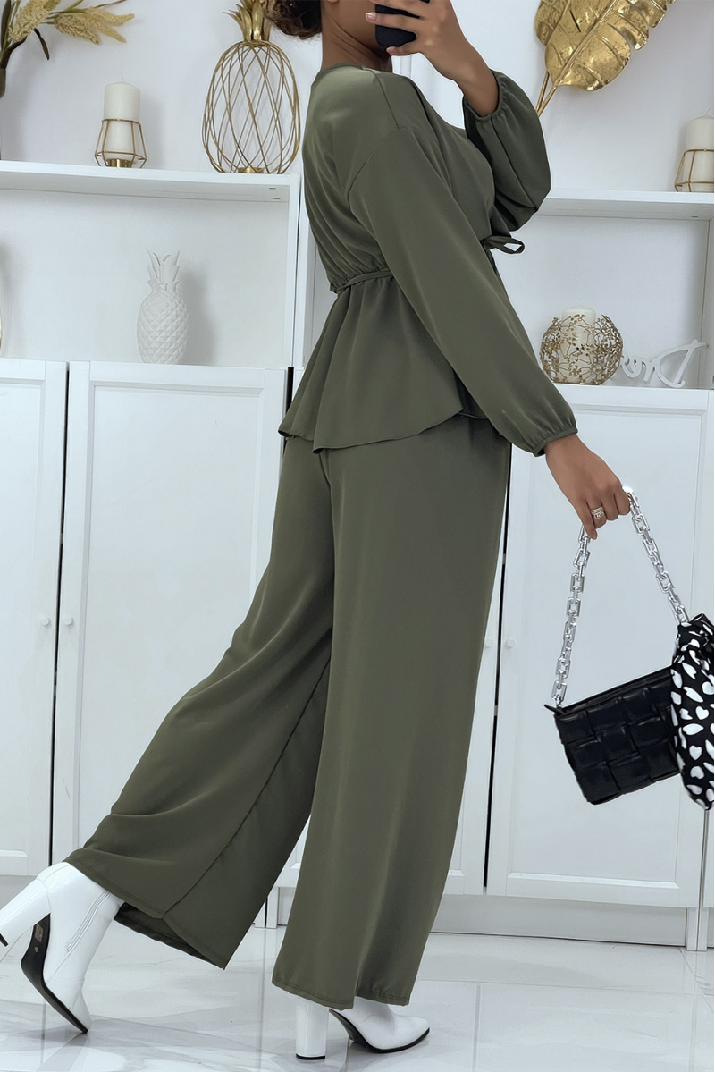 Khaki wrap top and palazzo pants set - 4
