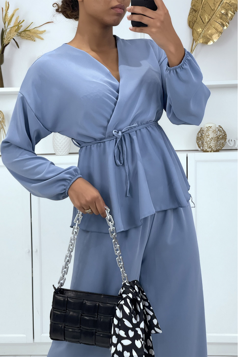 Blue double breasted top and palazzo pants set - 2