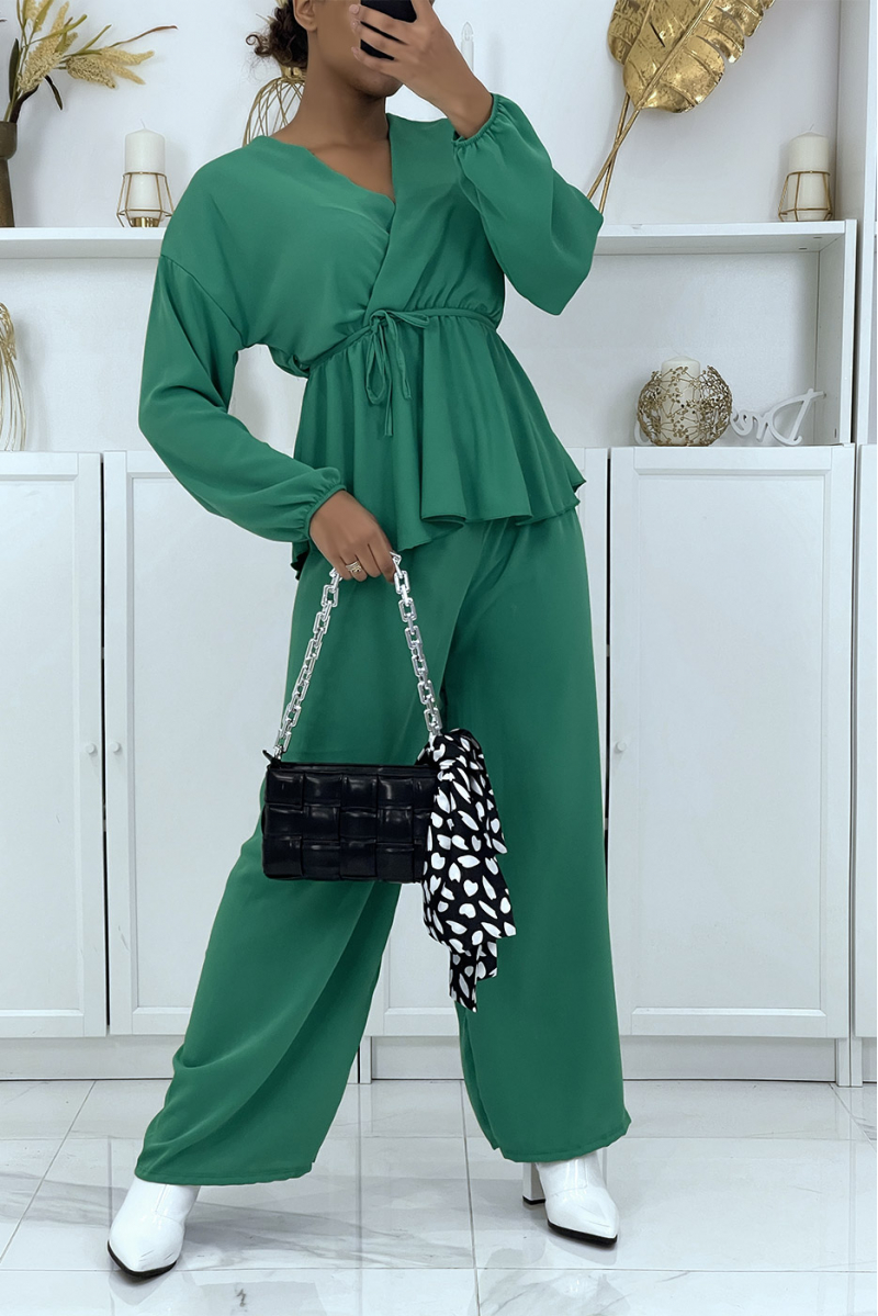 Ensemble vert haut croisé et pantalon palazzo - 1