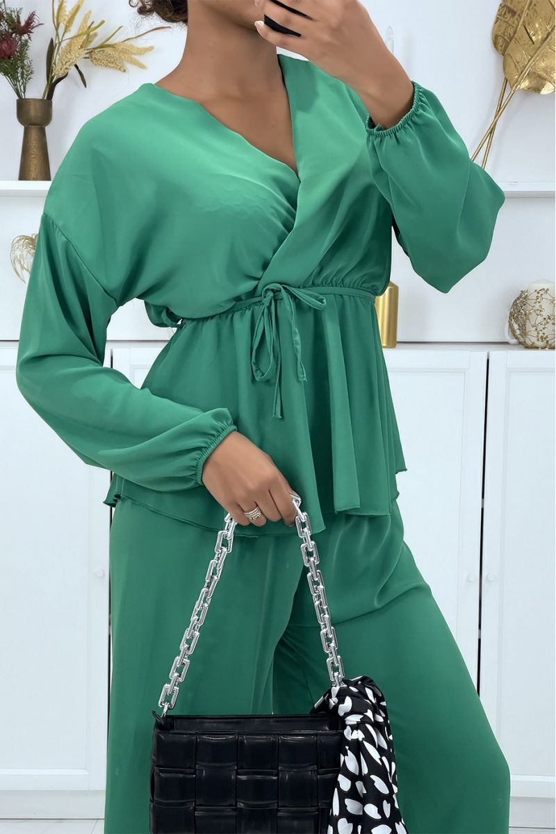 Groene set met dubbele rij knopen top en palazzo broek - 2