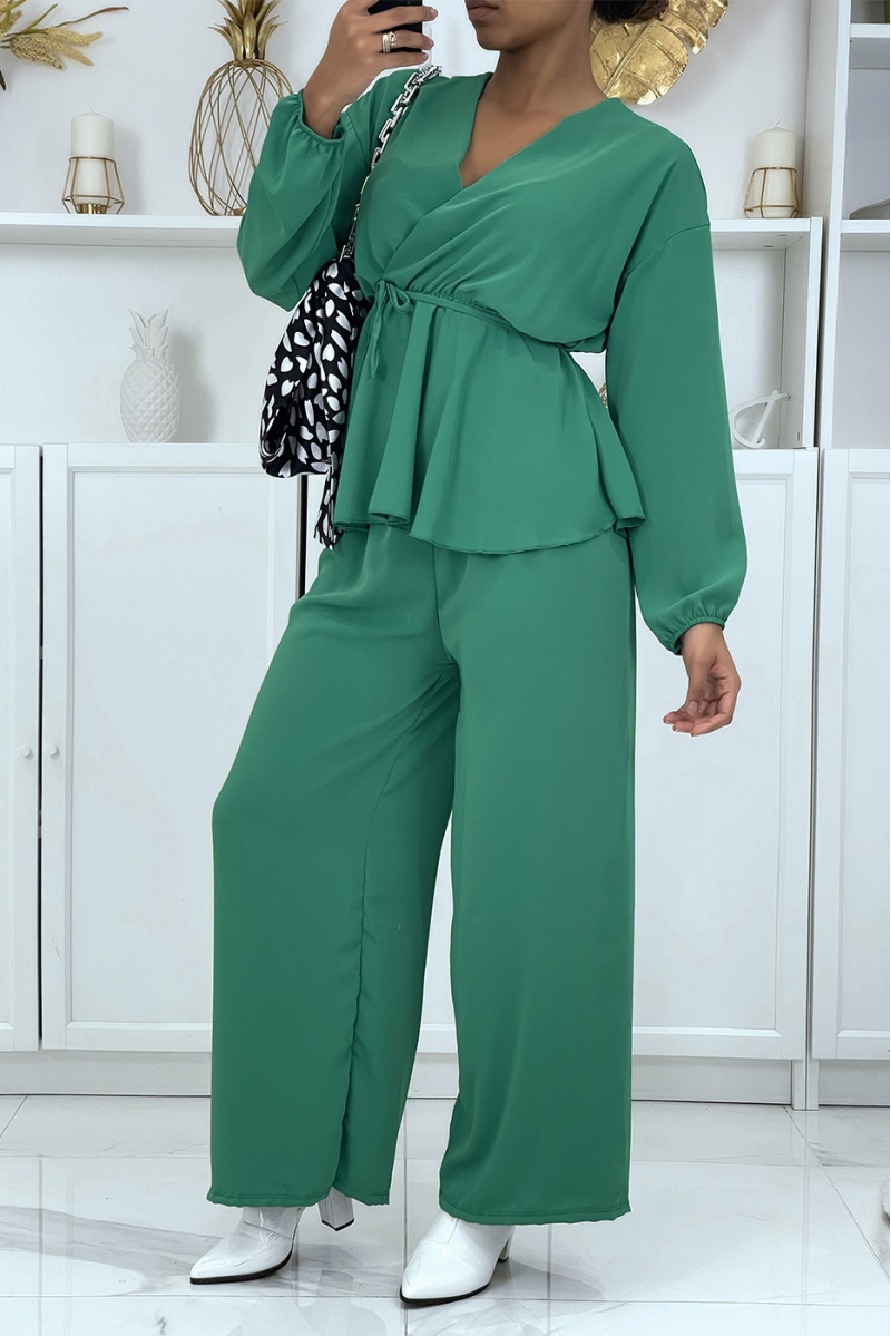 Groene set met dubbele rij knopen top en palazzo broek - 3