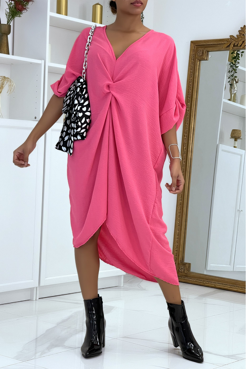 Longue robe tunique fuchsia over-size croisé devant - 1