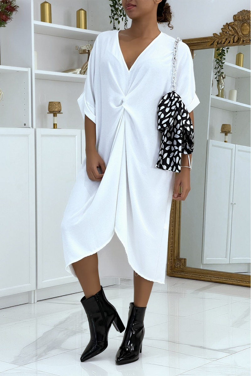 Longue robe tunique blanche over-size croisé devant - 1