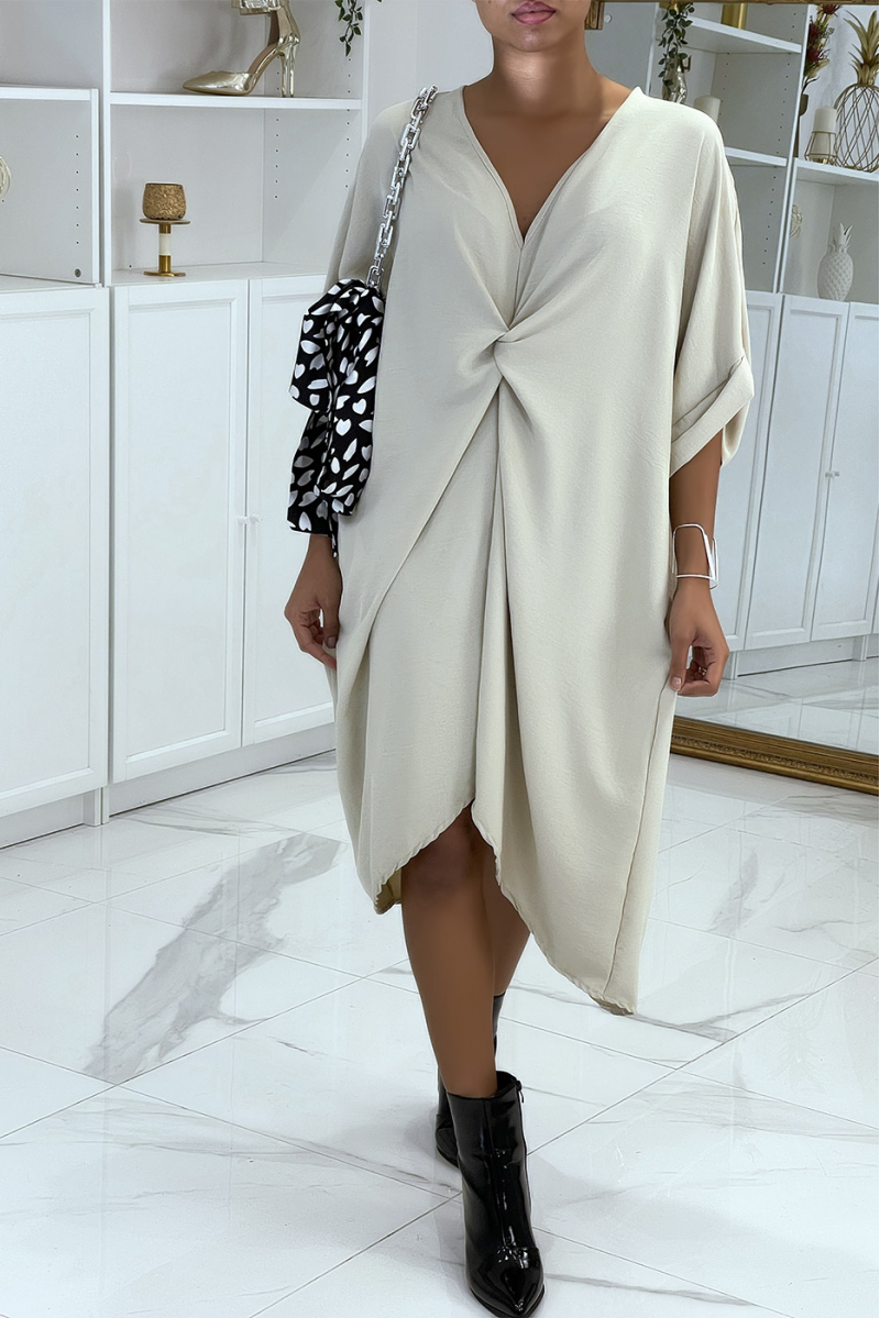 Longue robe tunique beige over-size croisé devant - 3