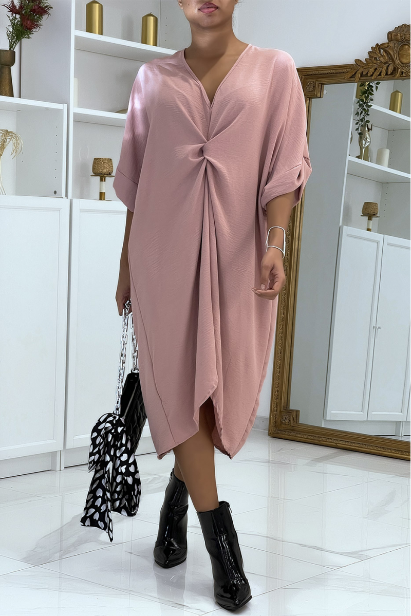 Longue robe tunique rose over-size croisé devant - 2