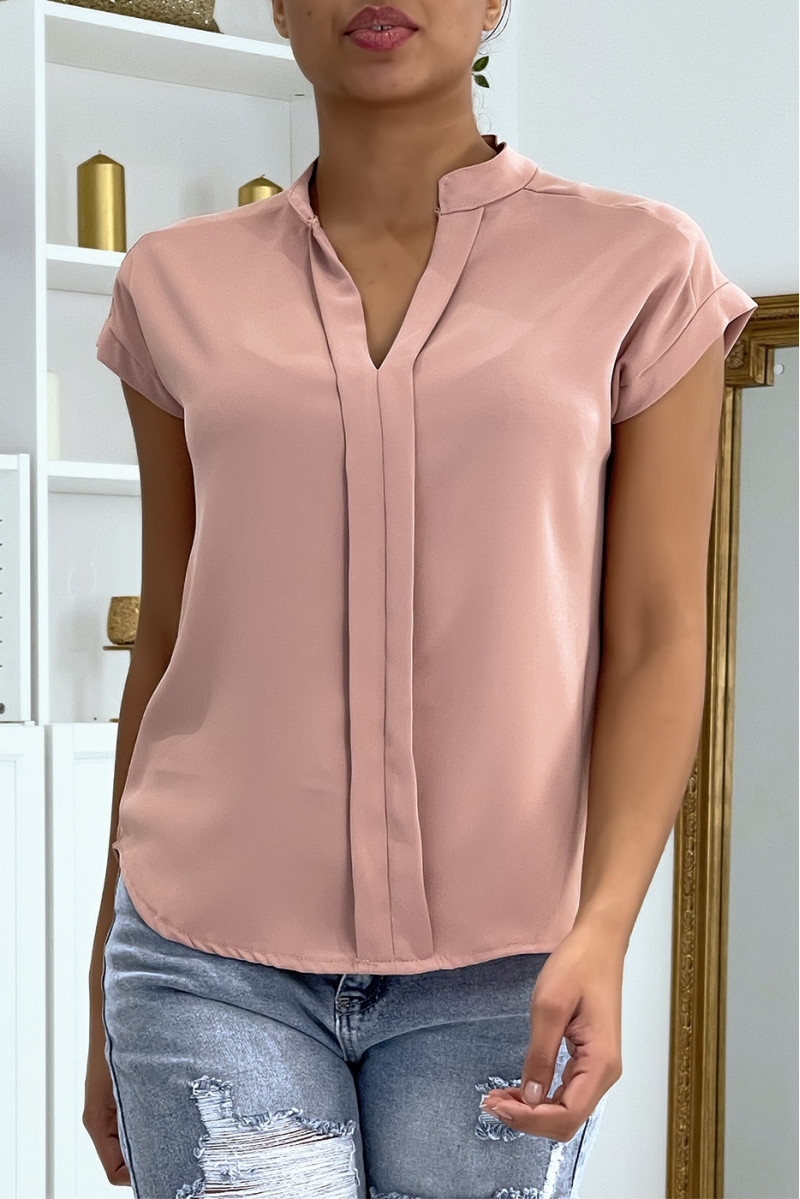 Pink V-neck top with front pleats - 1