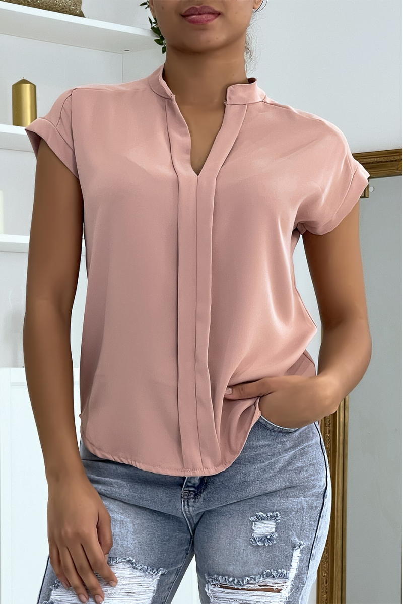 Pink V-neck top with front pleats - 2