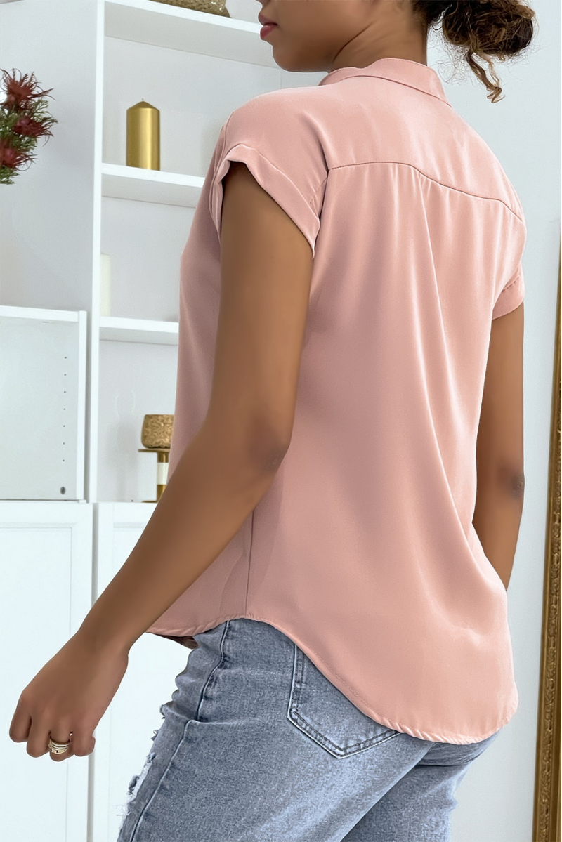 Pink V-neck top with front pleats - 3