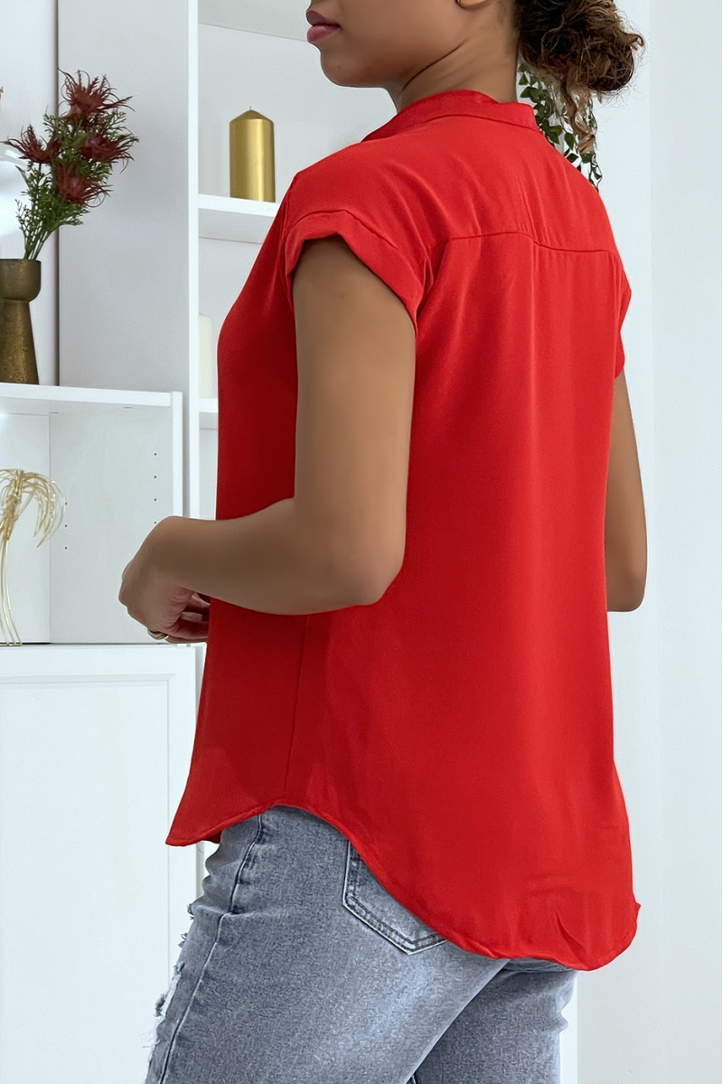 Red V-neck top with front pleats - 1