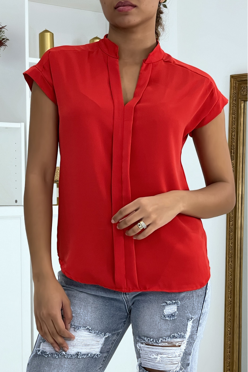 Red V-neck top with front pleats - 2