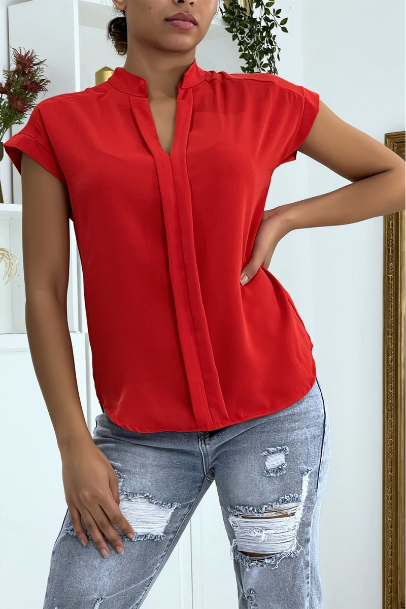Red V-neck top with front pleats - 3