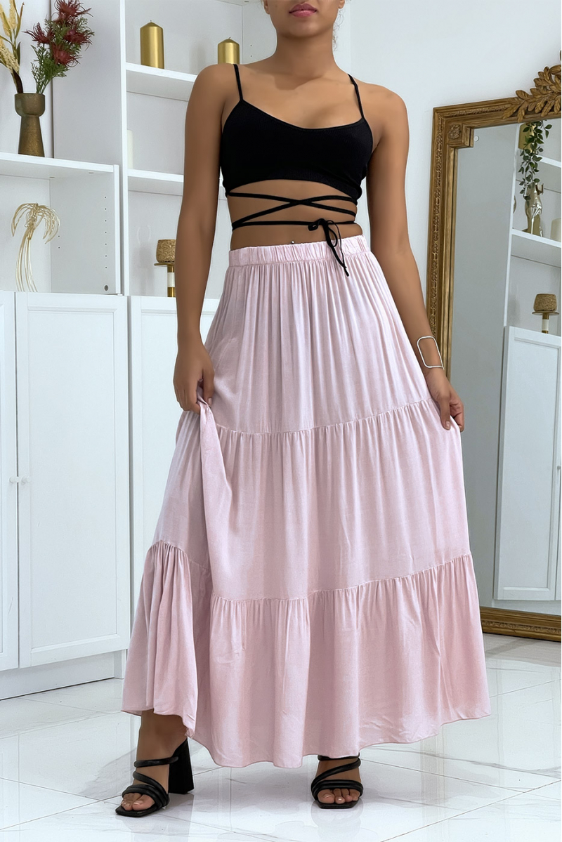 Long flared pink skirt with ruffle - 1