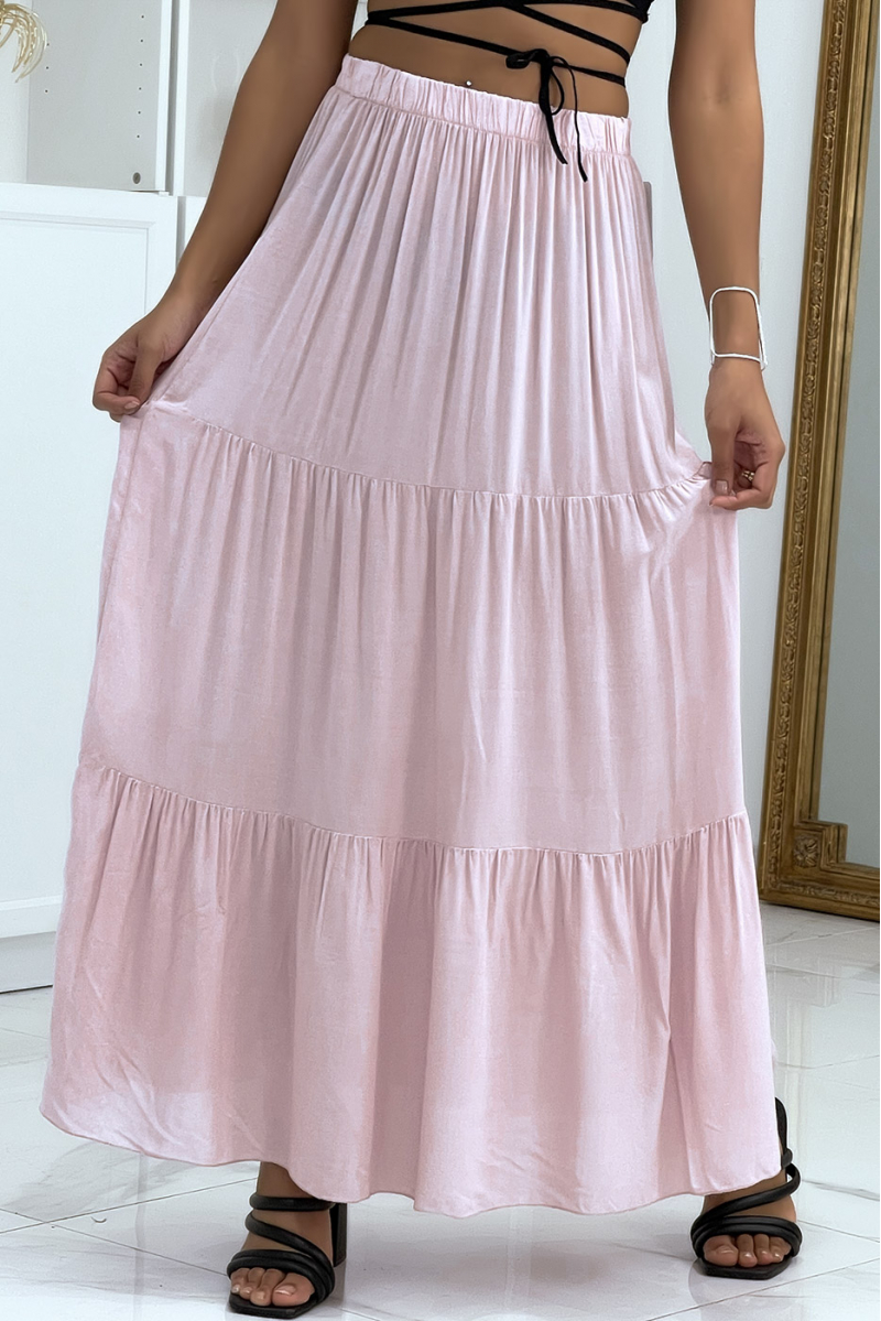 Long flared pink skirt with ruffle - 2