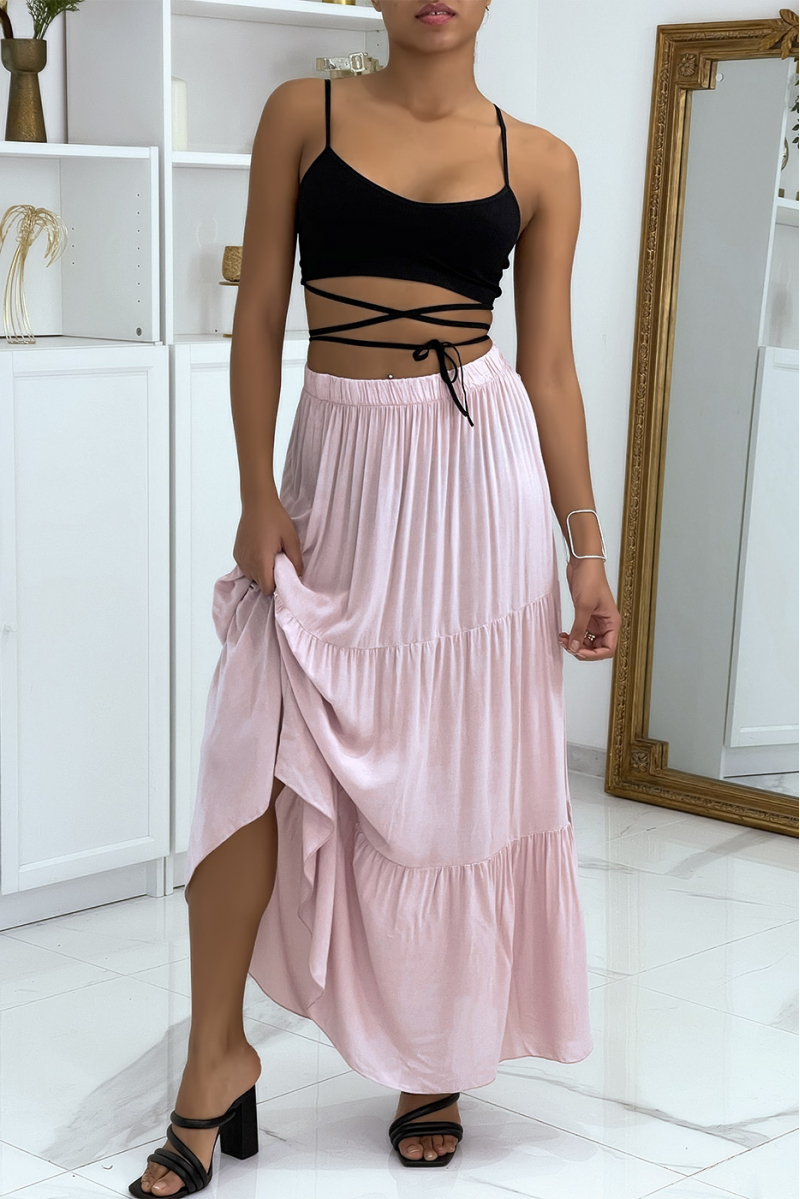 Long flared pink skirt with ruffle - 3