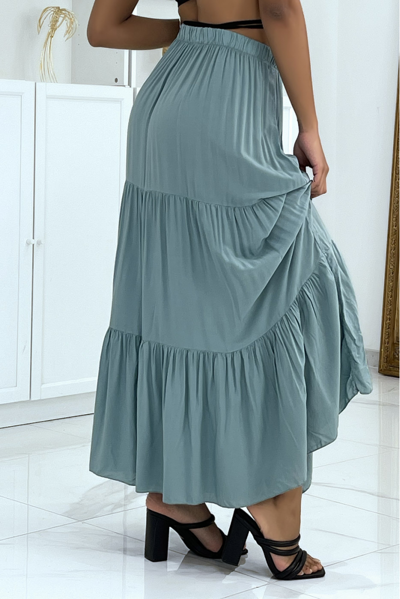 Long flared green skirt with ruffle - 1