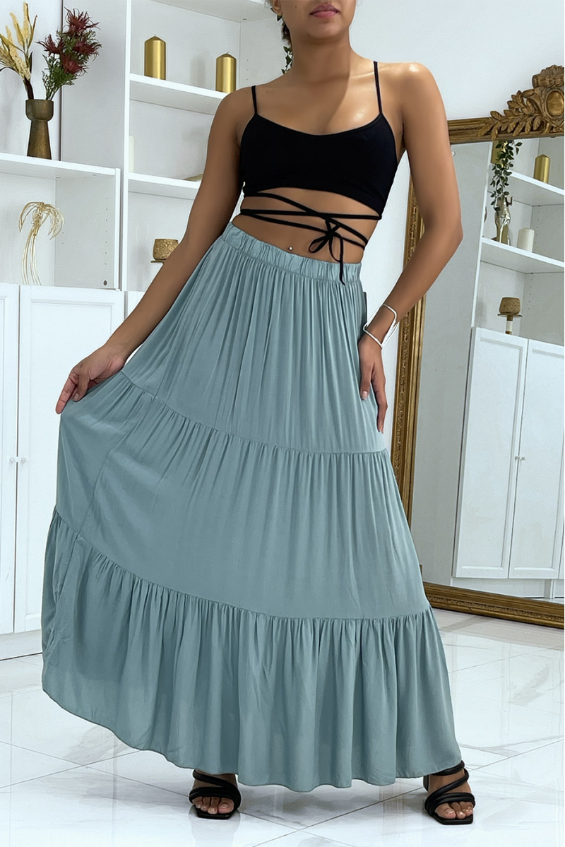 Long flared green skirt with ruffle - 2