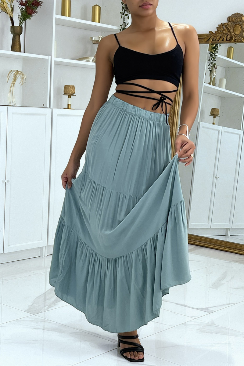 Long flared green skirt with ruffle - 3