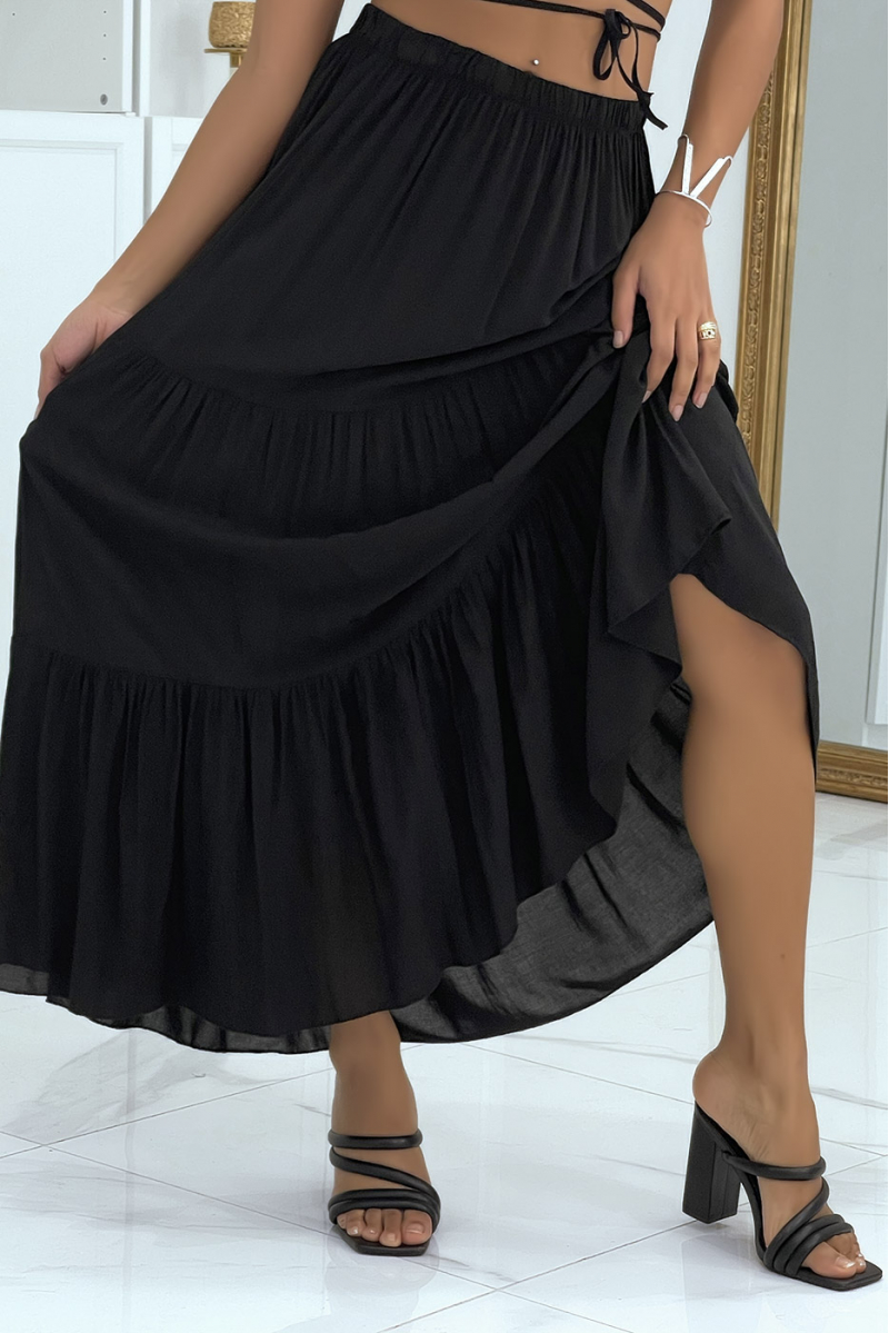 Long flared black skirt with ruffle - 1