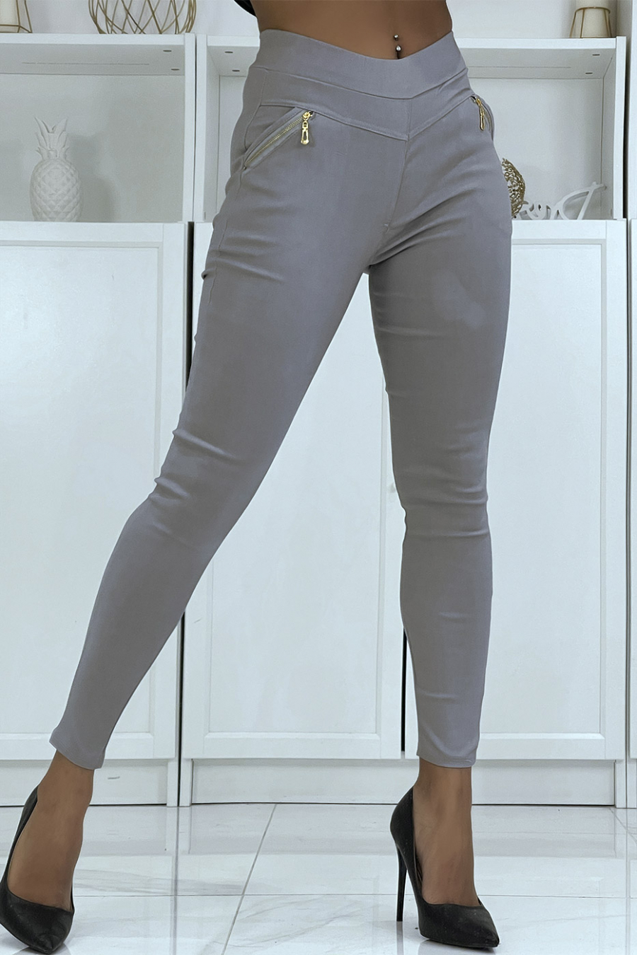 Stretch slim pants in gray with zip pockets - 1