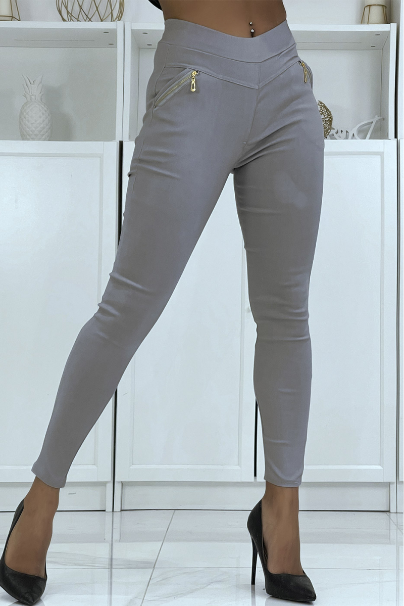 Pantalon slim strech en gris avec zip poches zip - 1