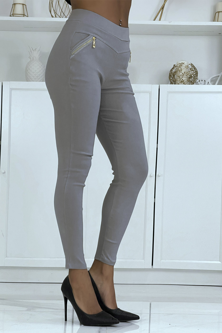 Pantalon slim strech en gris avec zip poches zip - 2