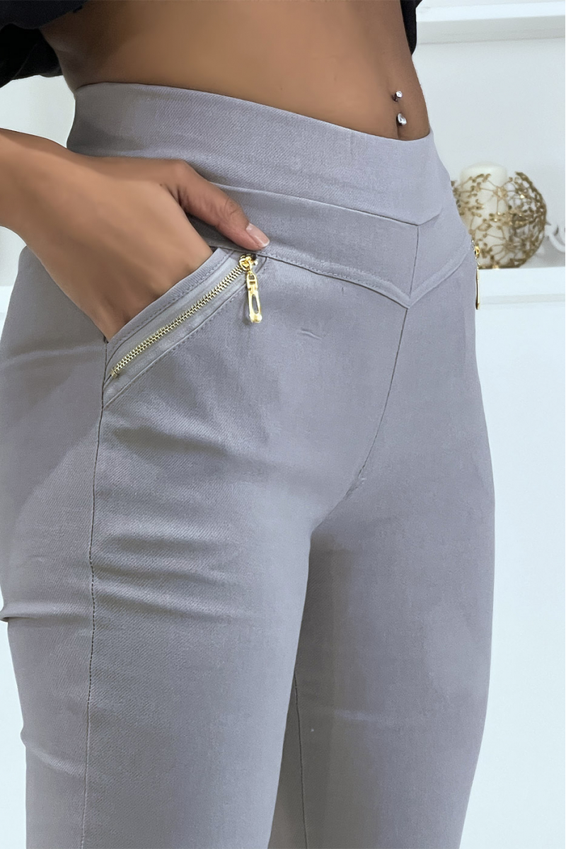 Pantalon slim strech en gris avec zip poches zip - 4