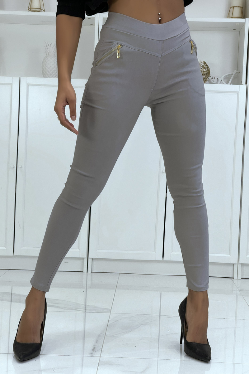 Pantalon slim strech en gris avec zip poches zip - 5