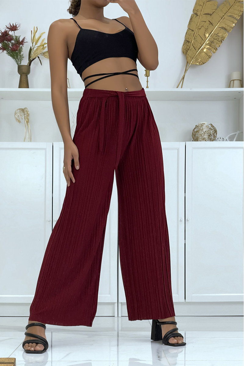 Burgundy pleated patterned palazzo pants - 1