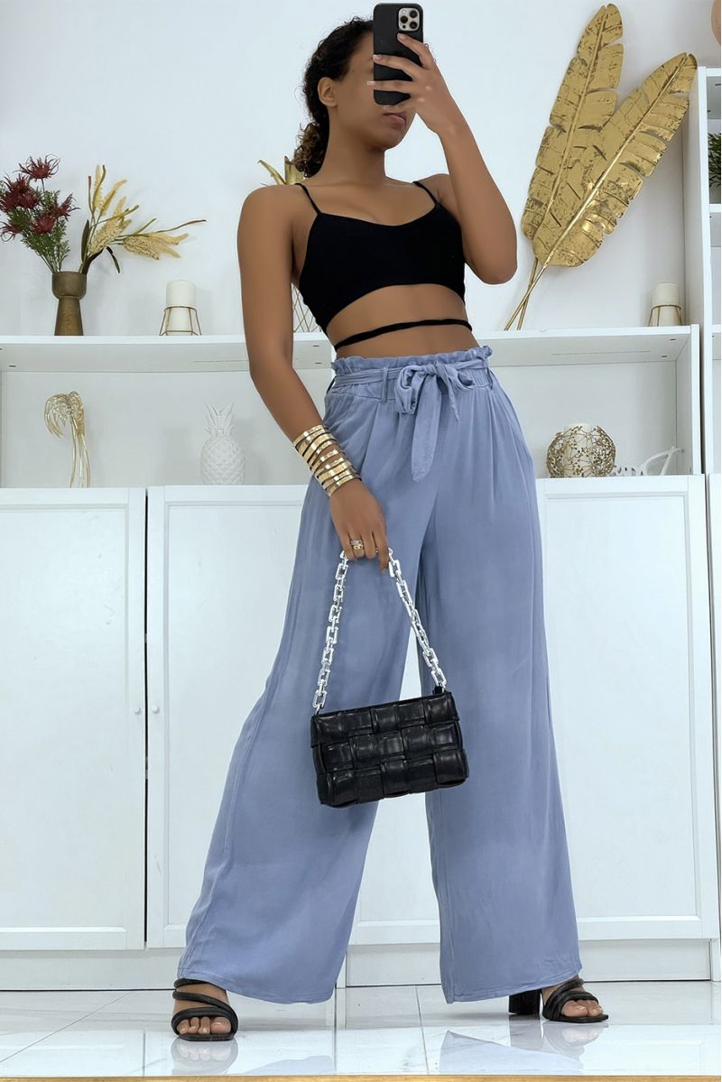 Blue palazzo pants with pockets and belt - 1