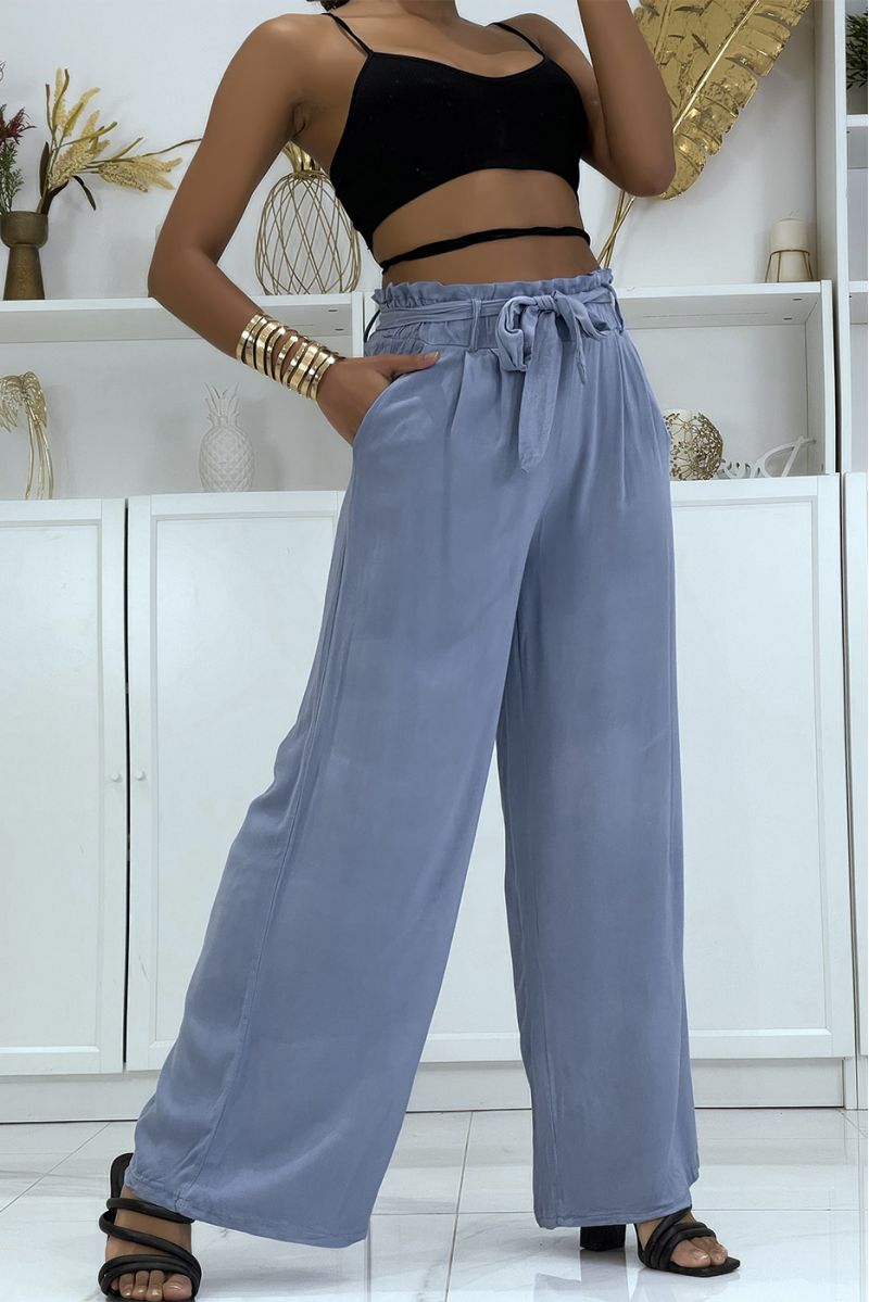 Blue palazzo pants with pockets and belt - 2