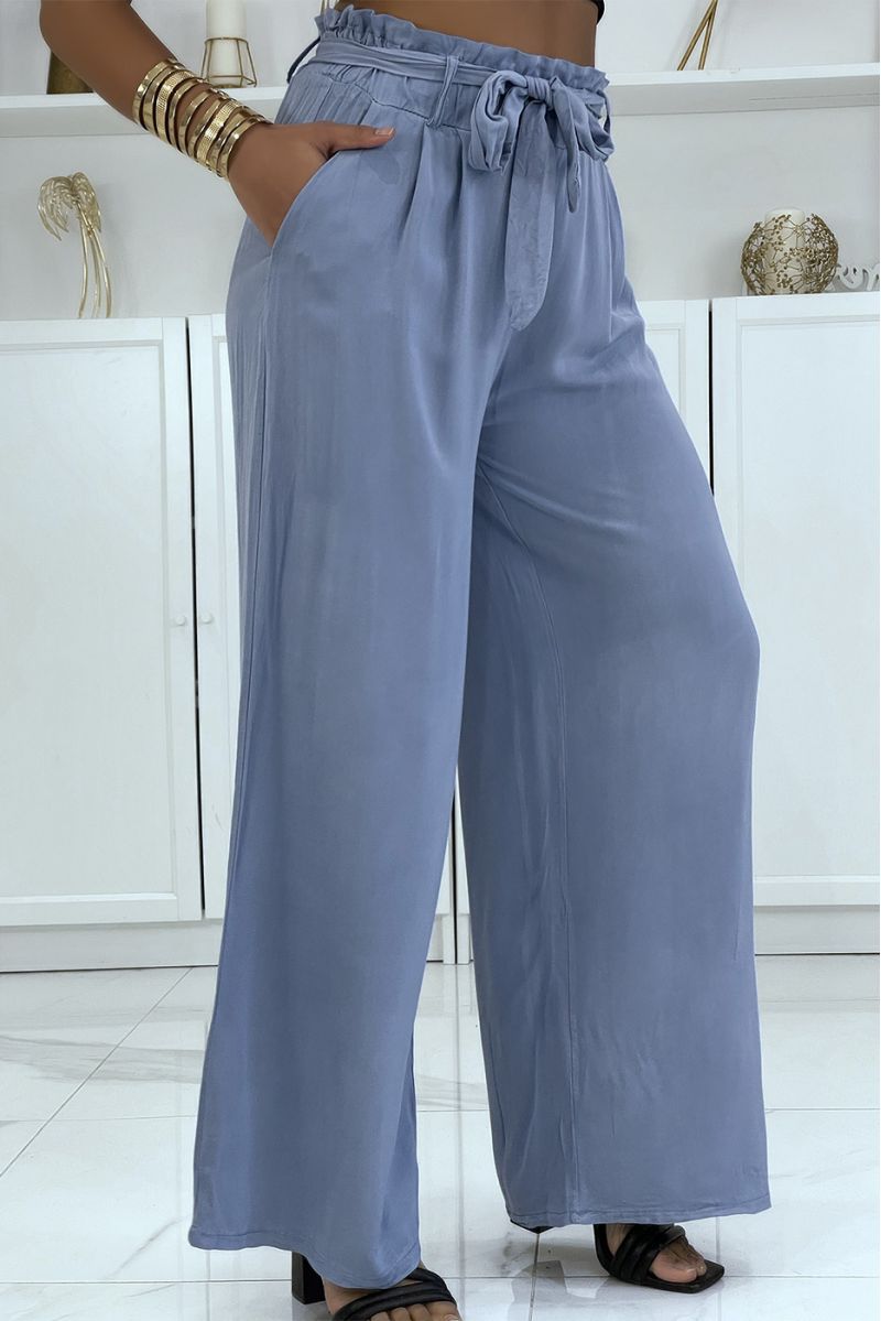 Blue palazzo pants with pockets and belt - 3