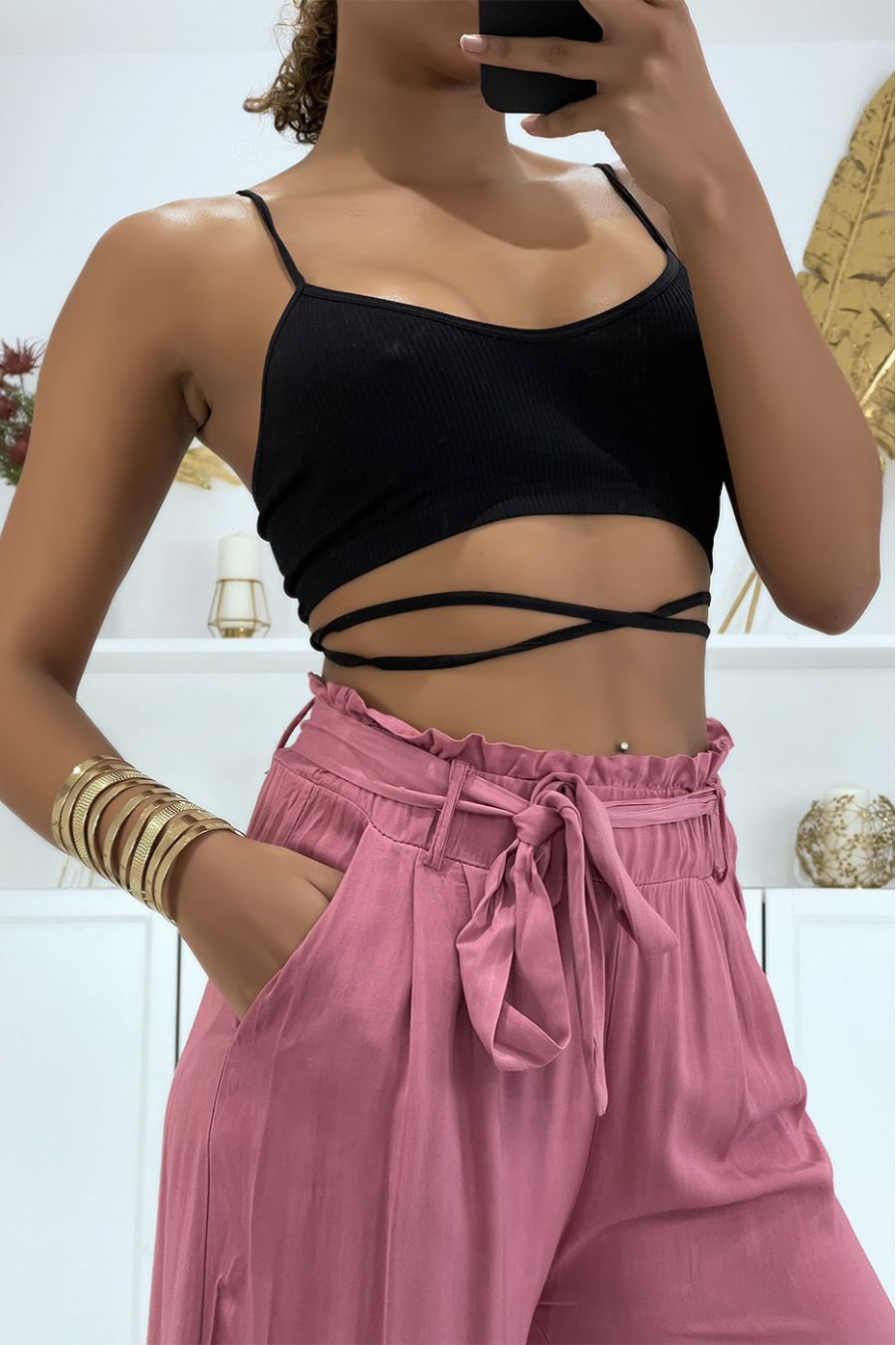 Pink palazzo pants with pockets and belt