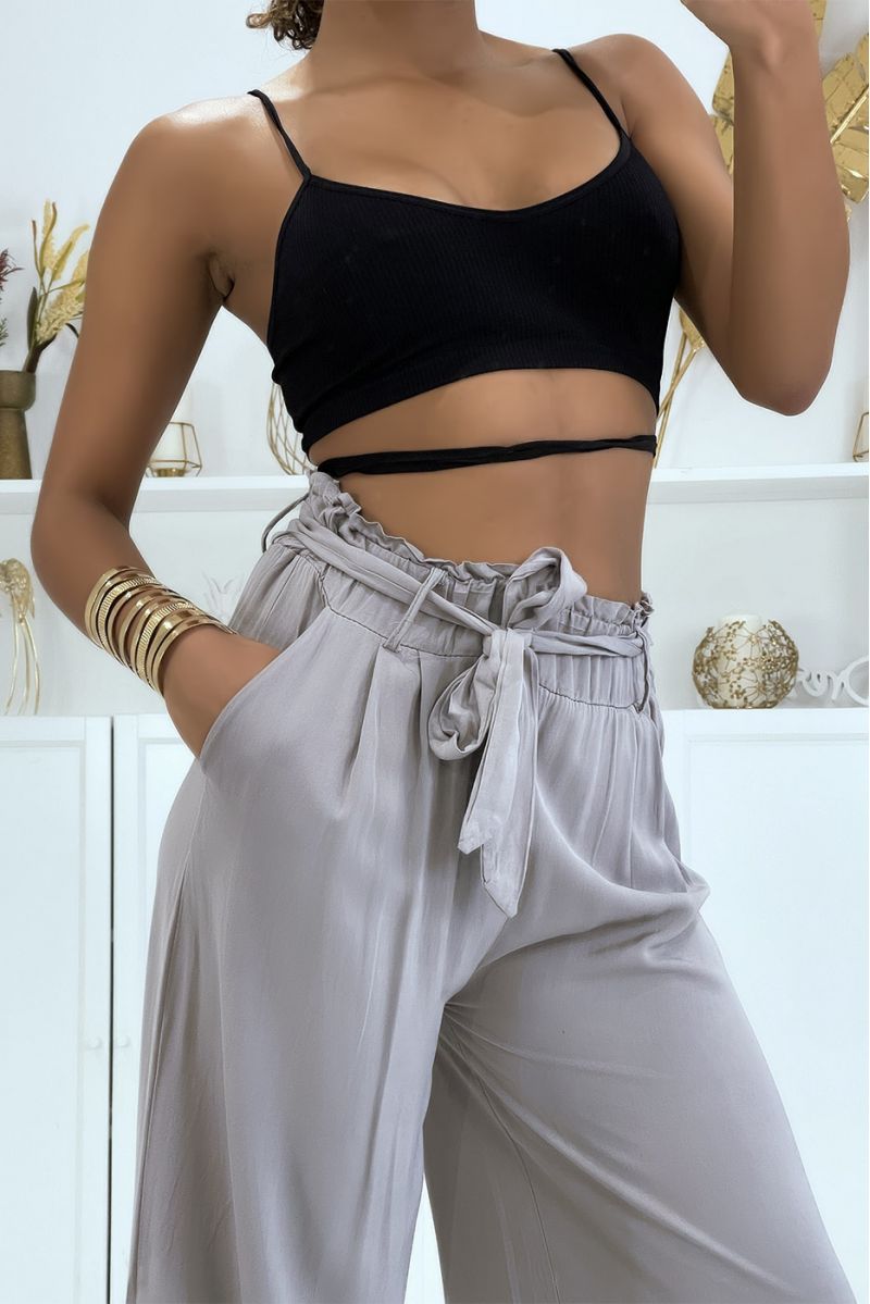 Taupe palazzo pants with pockets and belt - 3