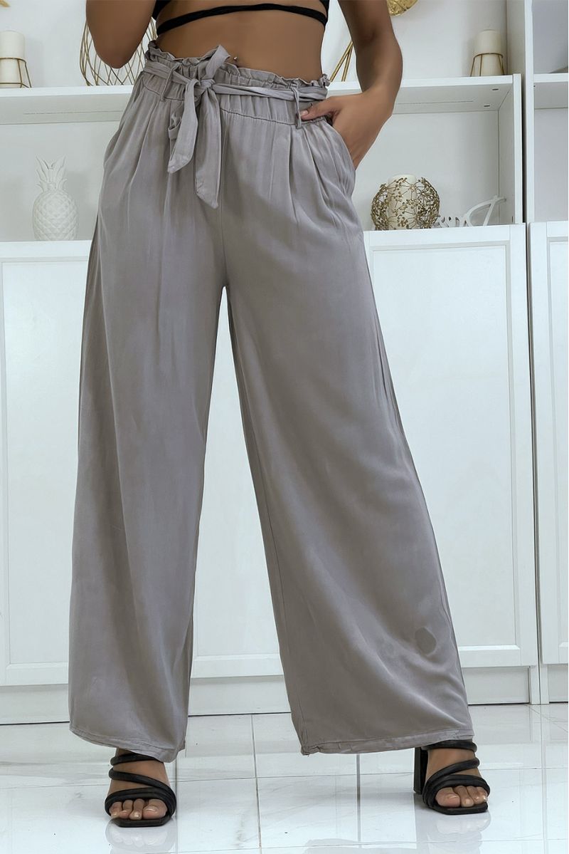 Pantalon palazzo taupe avec poches et ceinture - 4