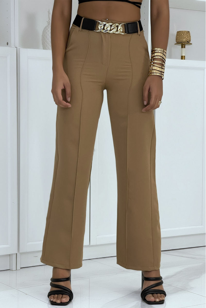 Camel palazzo pants with belt pockets and pleats - 1