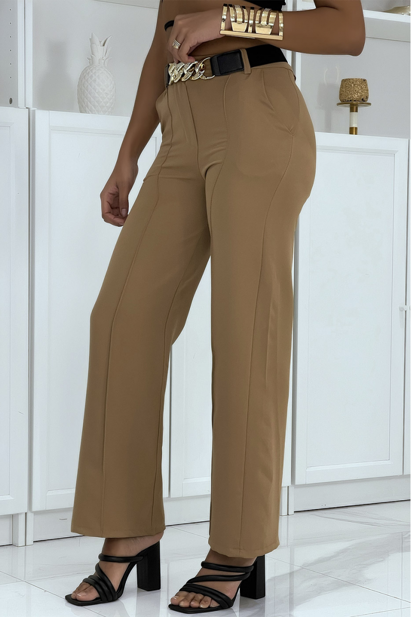 Camel palazzo pants with belt pockets and pleats - 4