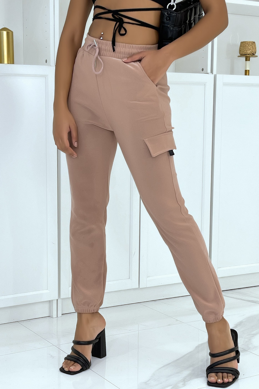 Roze trellis joggingbroek met zakken - 1