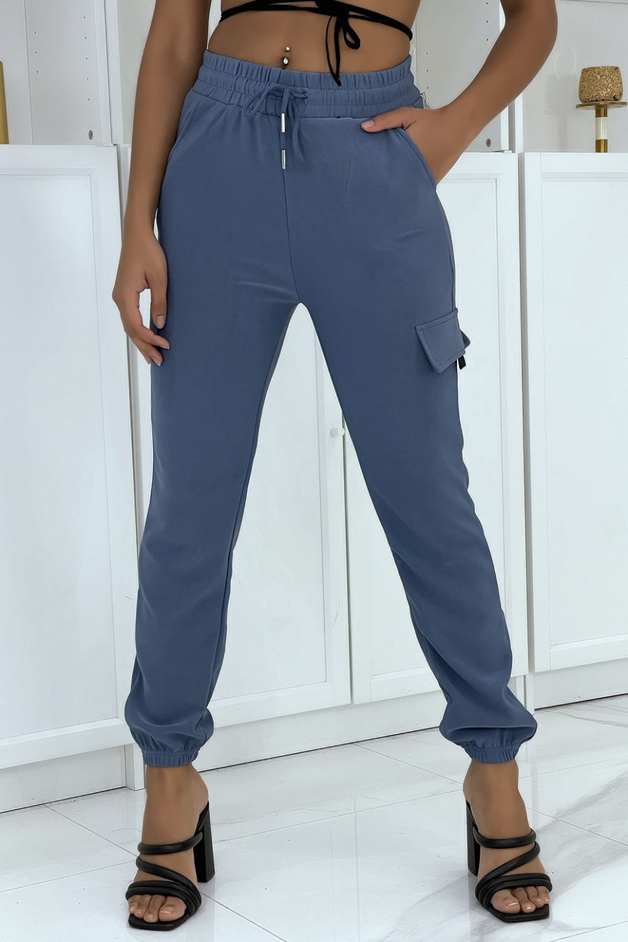 Pantalon jogging treillis bleu avec poches - 1