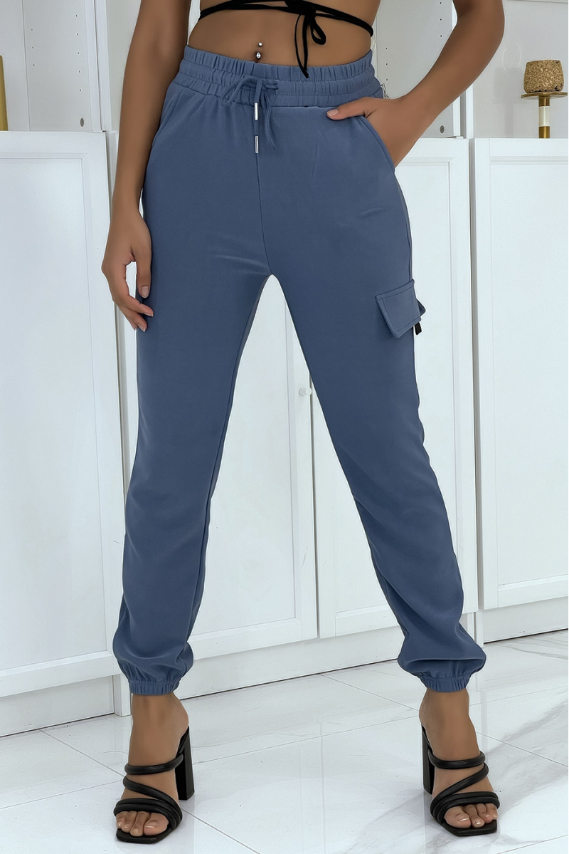 Pantalon jogging treillis bleu avec poches - 1