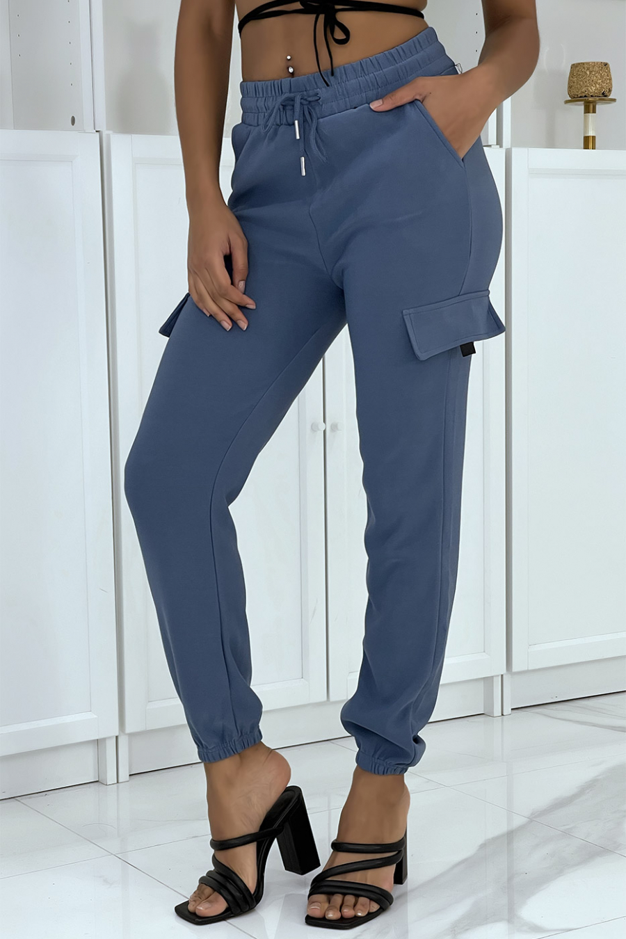 Pantalon jogging treillis bleu avec poches - 2