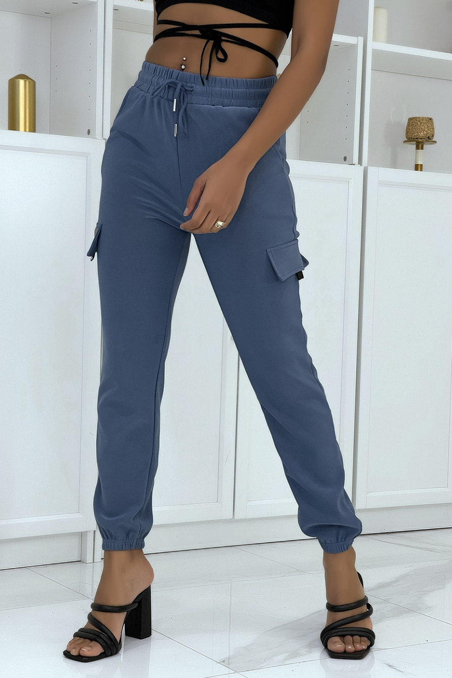 Blauwe trellis joggingbroek met zakken - 3