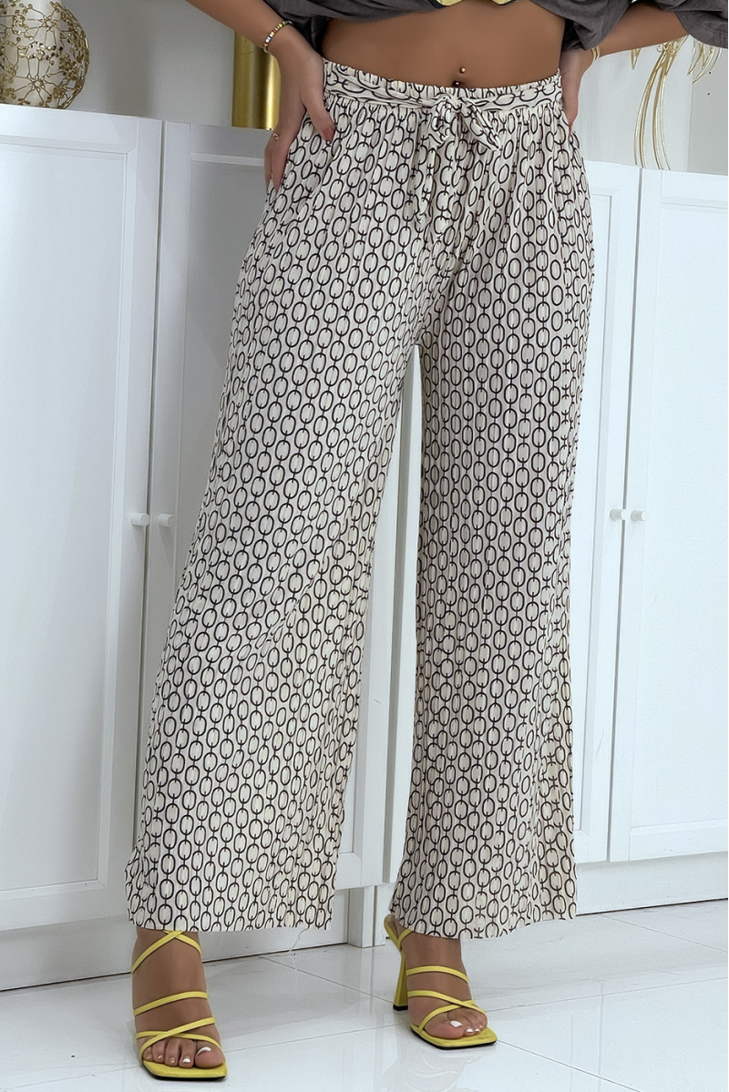 Pantalon palazzo beige avec motif - 1