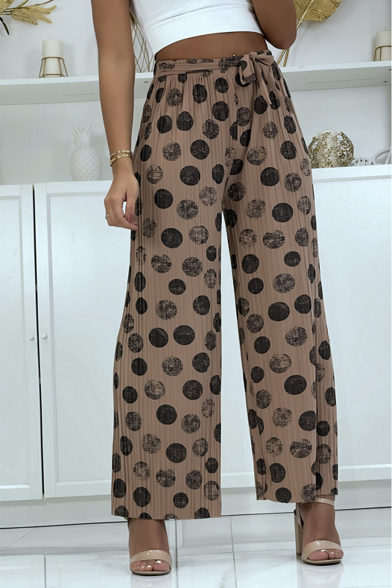 Taupe pleated palazzo pants with pattern - 1