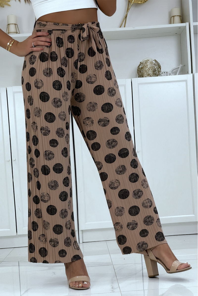 Pantalon palazzo plissé taupe avec motif - 3